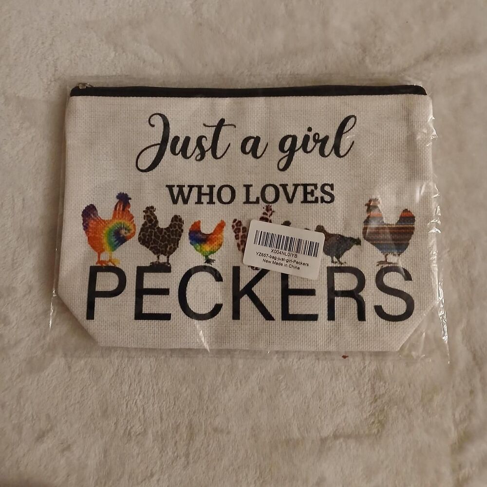 Makeup bag "Just a girl who loves Peckers" multi-colored chicken rooster design